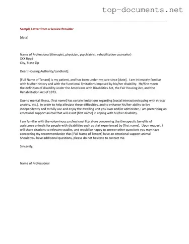 Free Emotional Support Animal Letter PDF Form