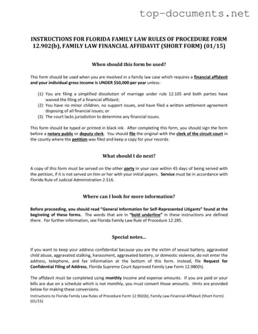 Free Florida Financial Affidavit Short 12.902(b) PDF Form