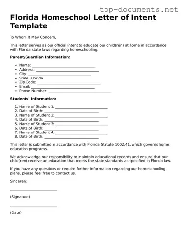 Printable Homeschool Letter of Intent Form for the State of Florida