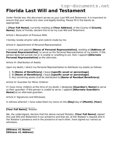 Printable Last Will and Testament Form for the State of Florida