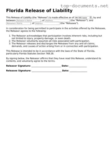 Printable Release of Liability Form for the State of Florida
