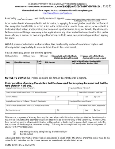 Free Florida Vehicle POA form 82053 PDF Form