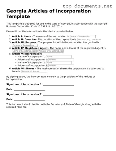Printable Articles of Incorporation Form for the State of Georgia
