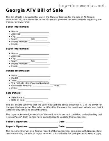 Printable ATV Bill of Sale Form for the State of Georgia