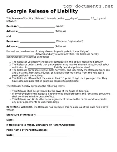 Printable Release of Liability Form for the State of Georgia