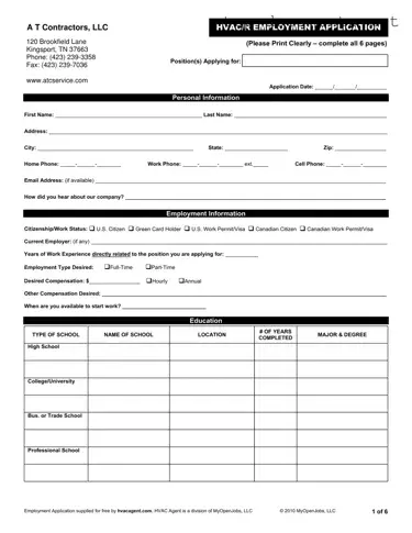 Free Hvac Job Application PDF Form