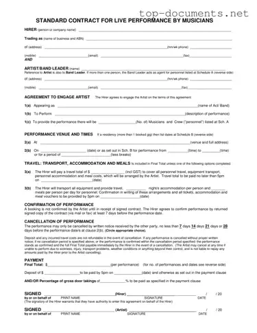 Free Live Performance Contract PDF Form