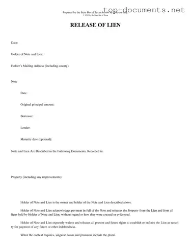 Free Release Of Lien Texas PDF Form