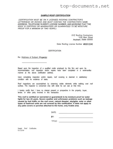Free Sample Roof Certification PDF Form