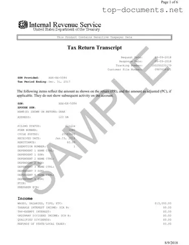 Free Sample Tax Return Transcript PDF Form