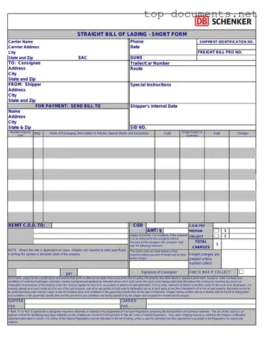 Free Straight Bill Of Lading PDF Form