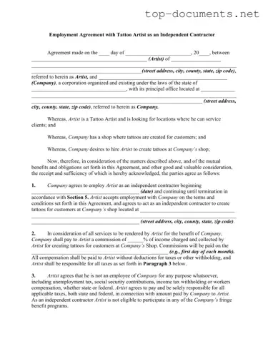 Free Tattoo Shop Artist Agreement PDF Form