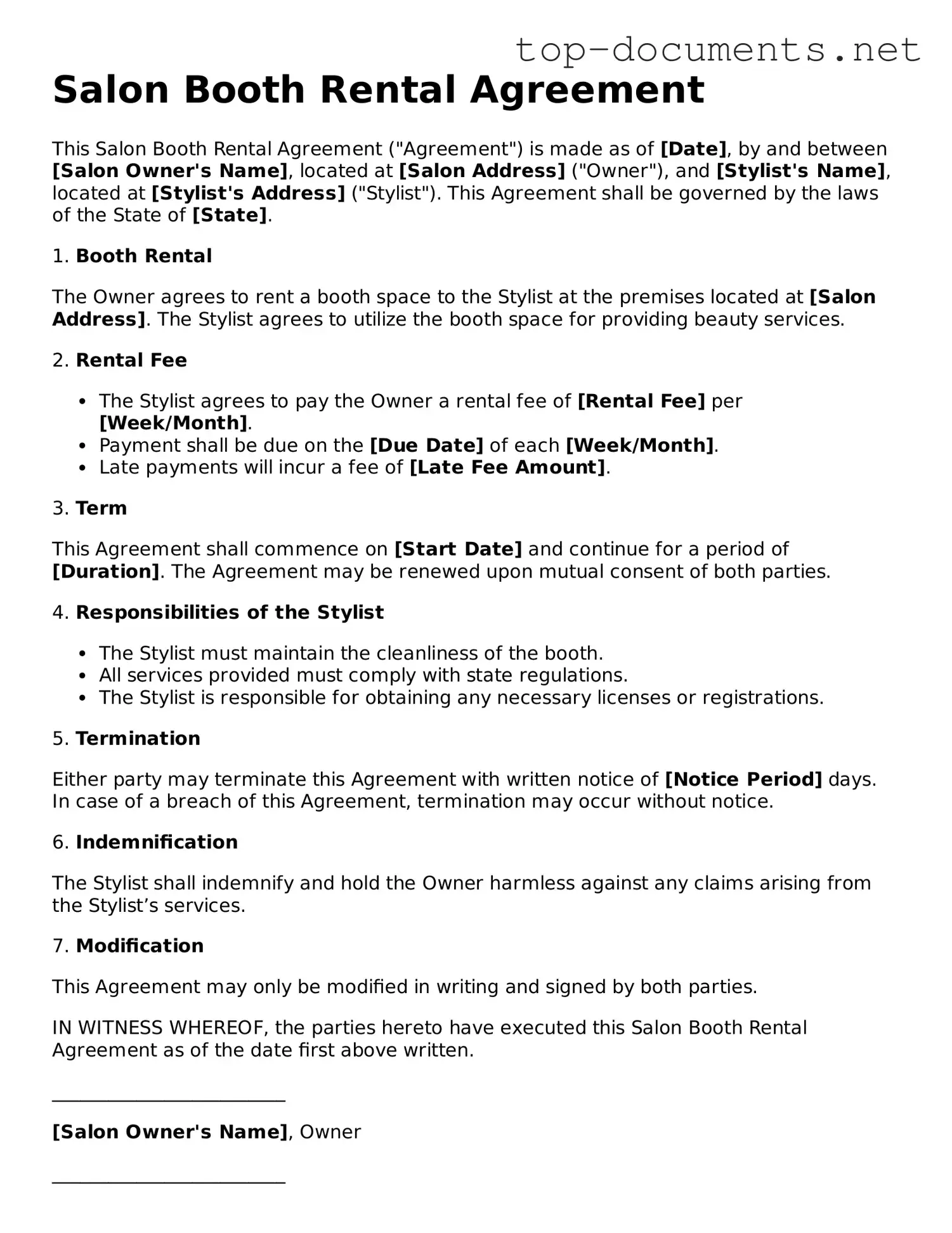 Attorney-Verified Salon Booth Rental Agreement Form