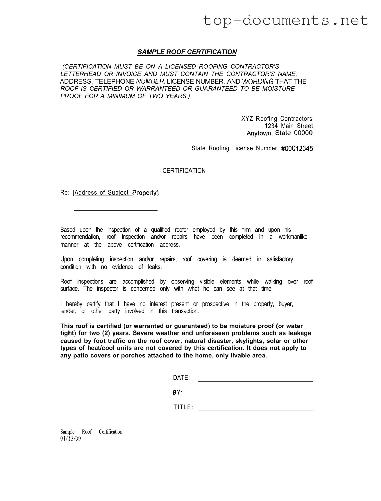 Free Sample Roof Certification PDF Form