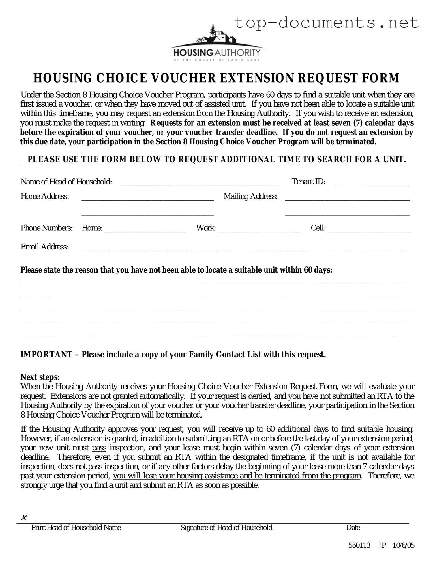 Free Section 8 Voucher Extension PDF Form
