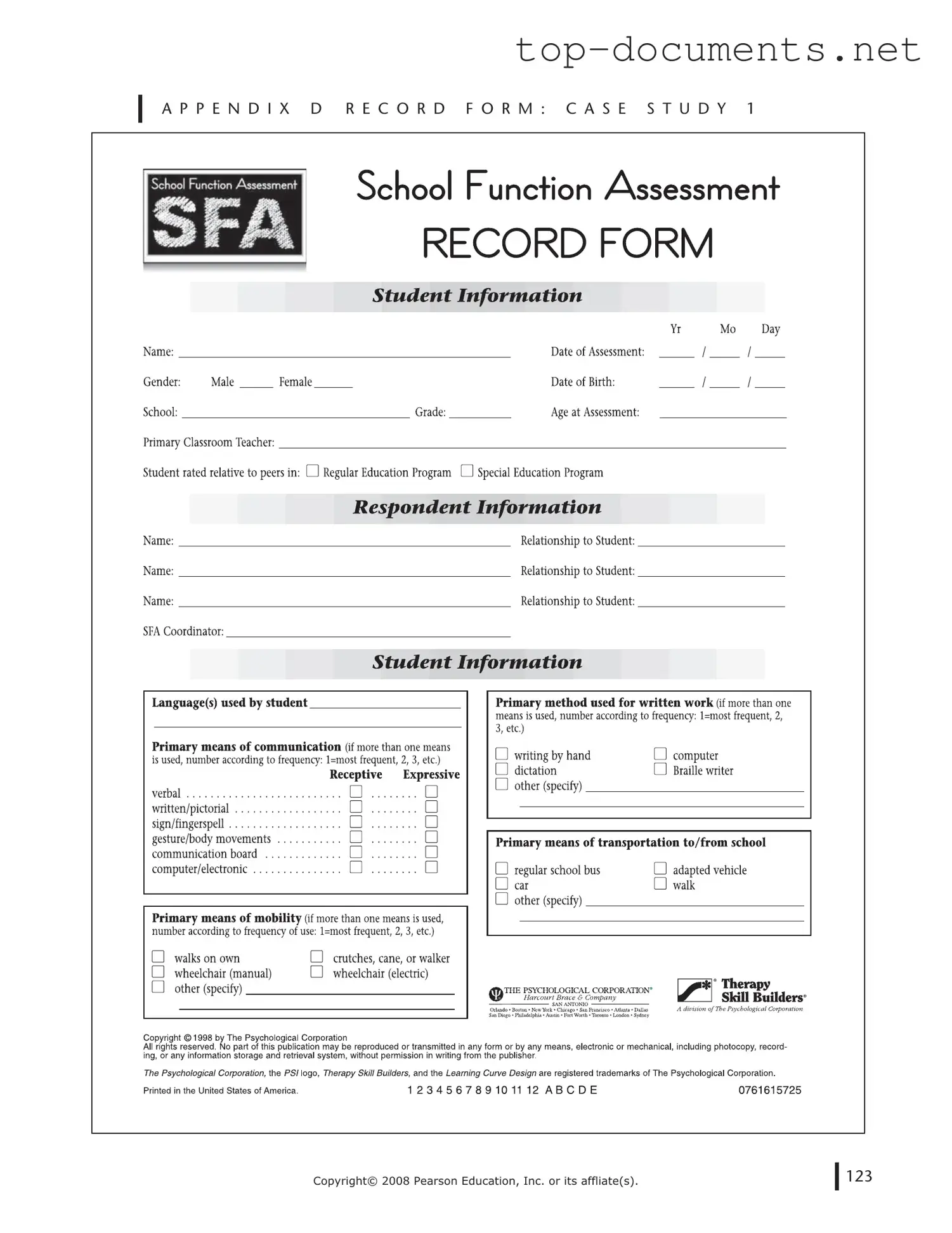Free School Function Assessment PDF Form