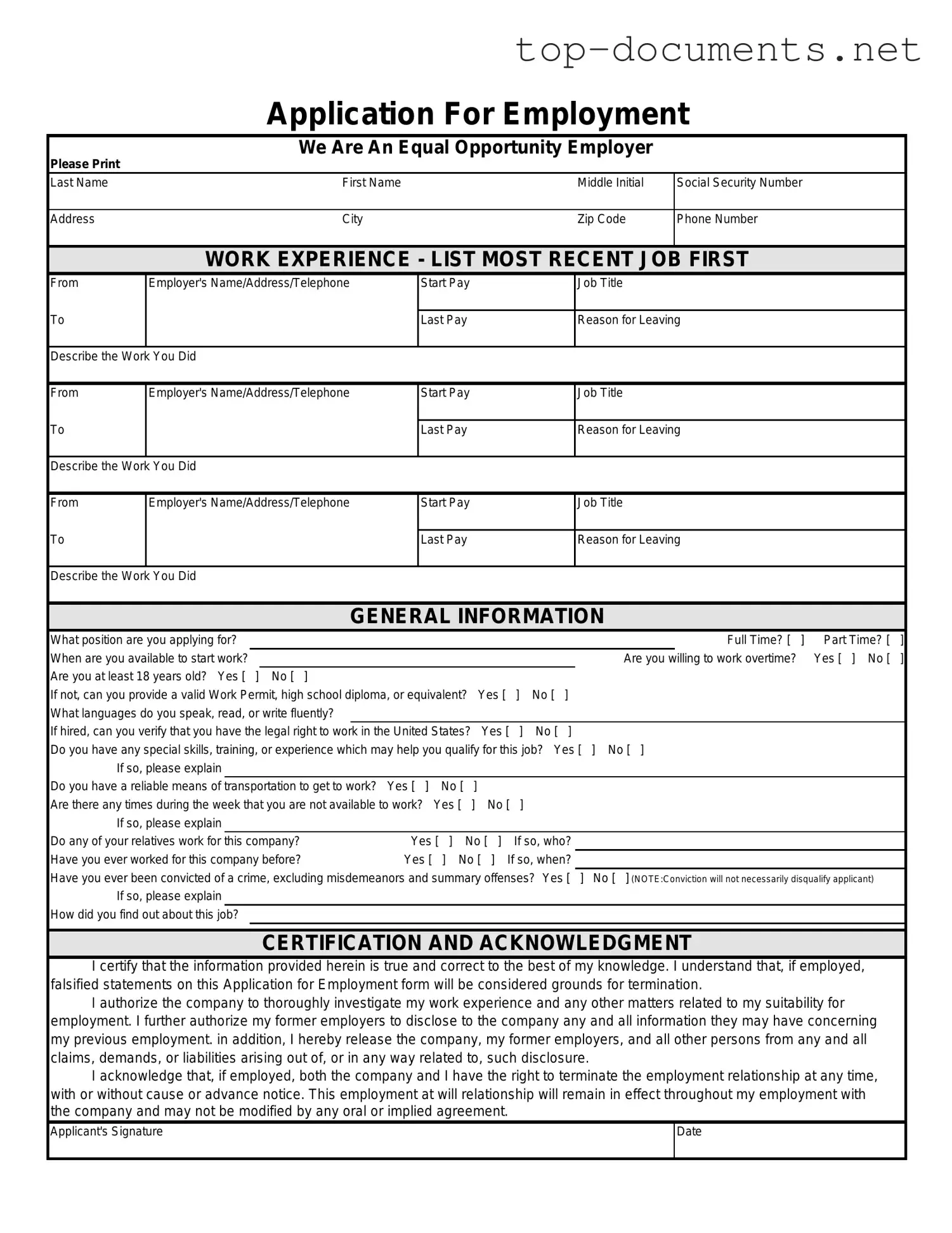 Free Spanish Application Employment PDF Form