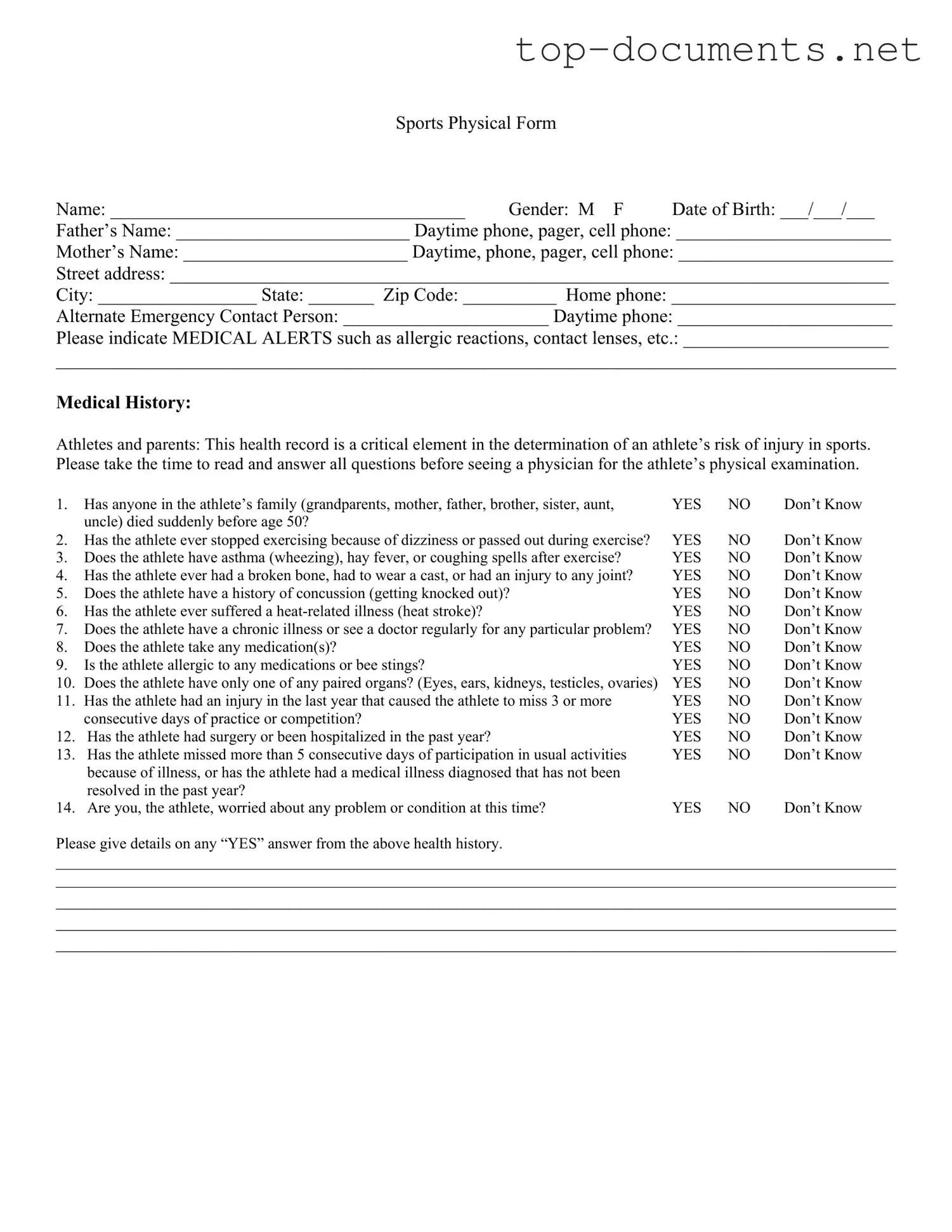 Free Sports Physical PDF Form