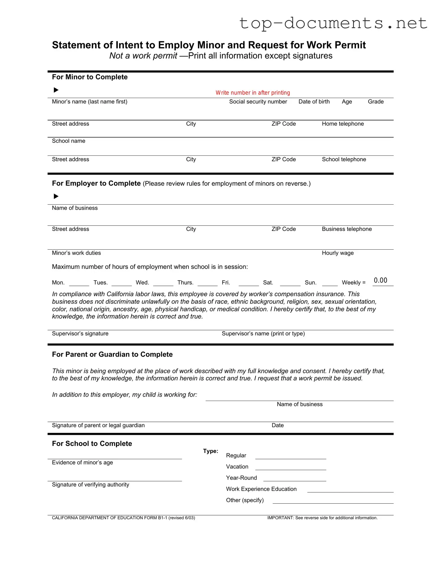 Free Statement of Intent to Employ Minor and Request for Work Permit PDF Form