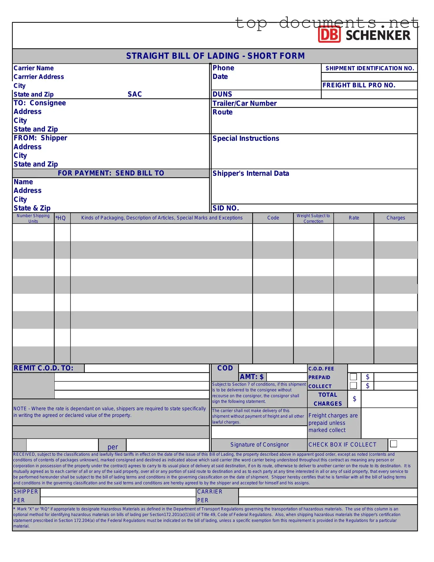 Free Straight Bill Of Lading PDF Form