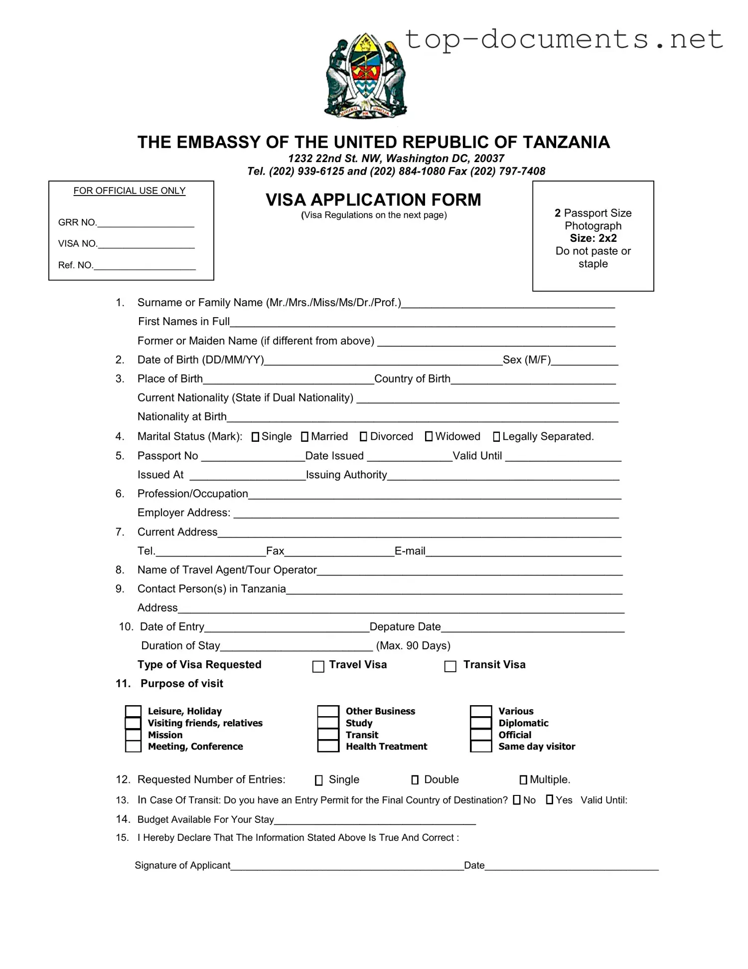 Free Tanzania Visa Applicaiton PDF Form