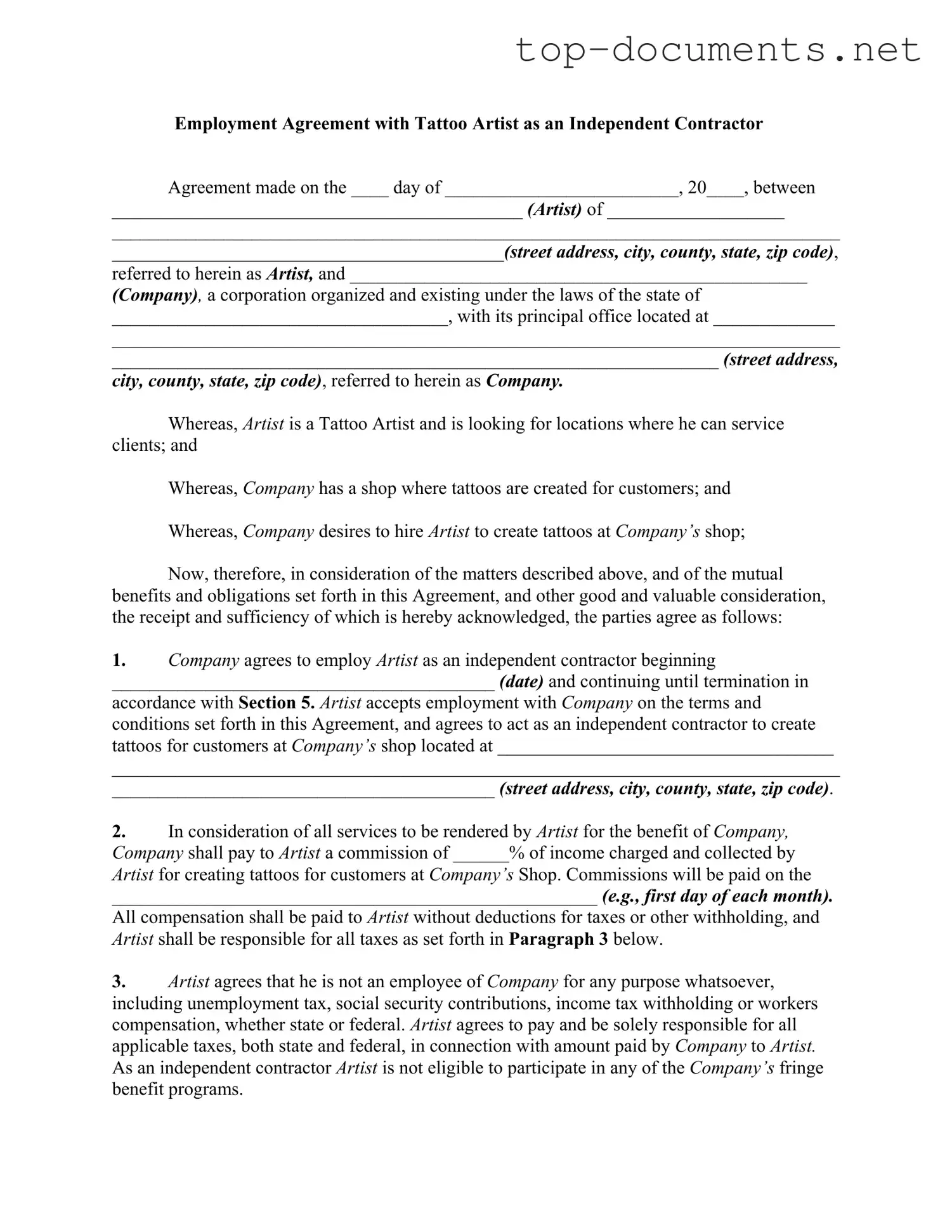 Free Tattoo Shop Artist Agreement PDF Form