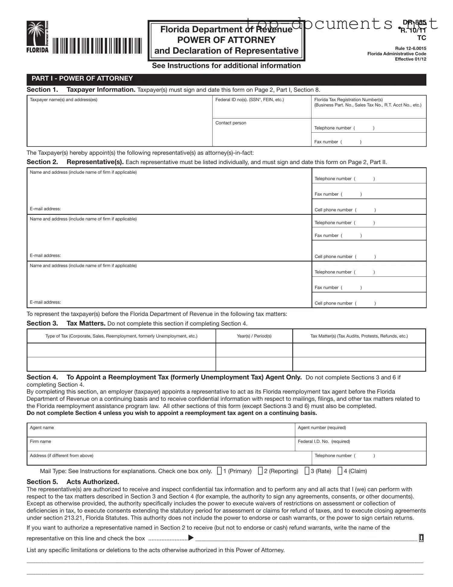 Free Tax POA dr 835 PDF Form
