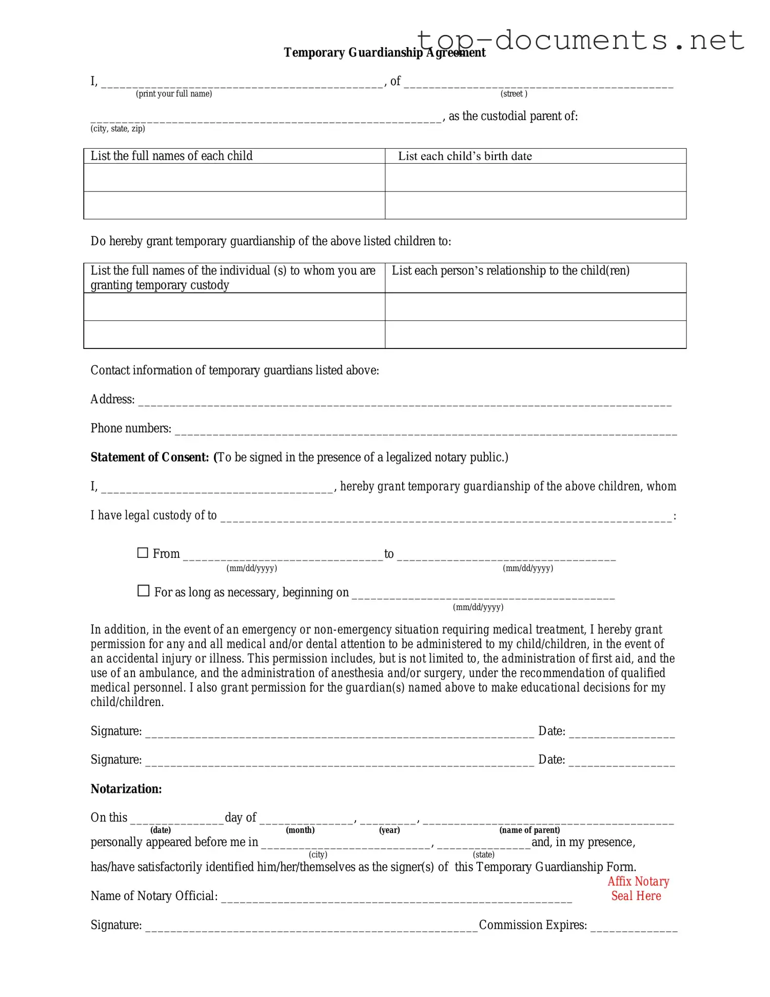 Free Temporary Custody PDF Form