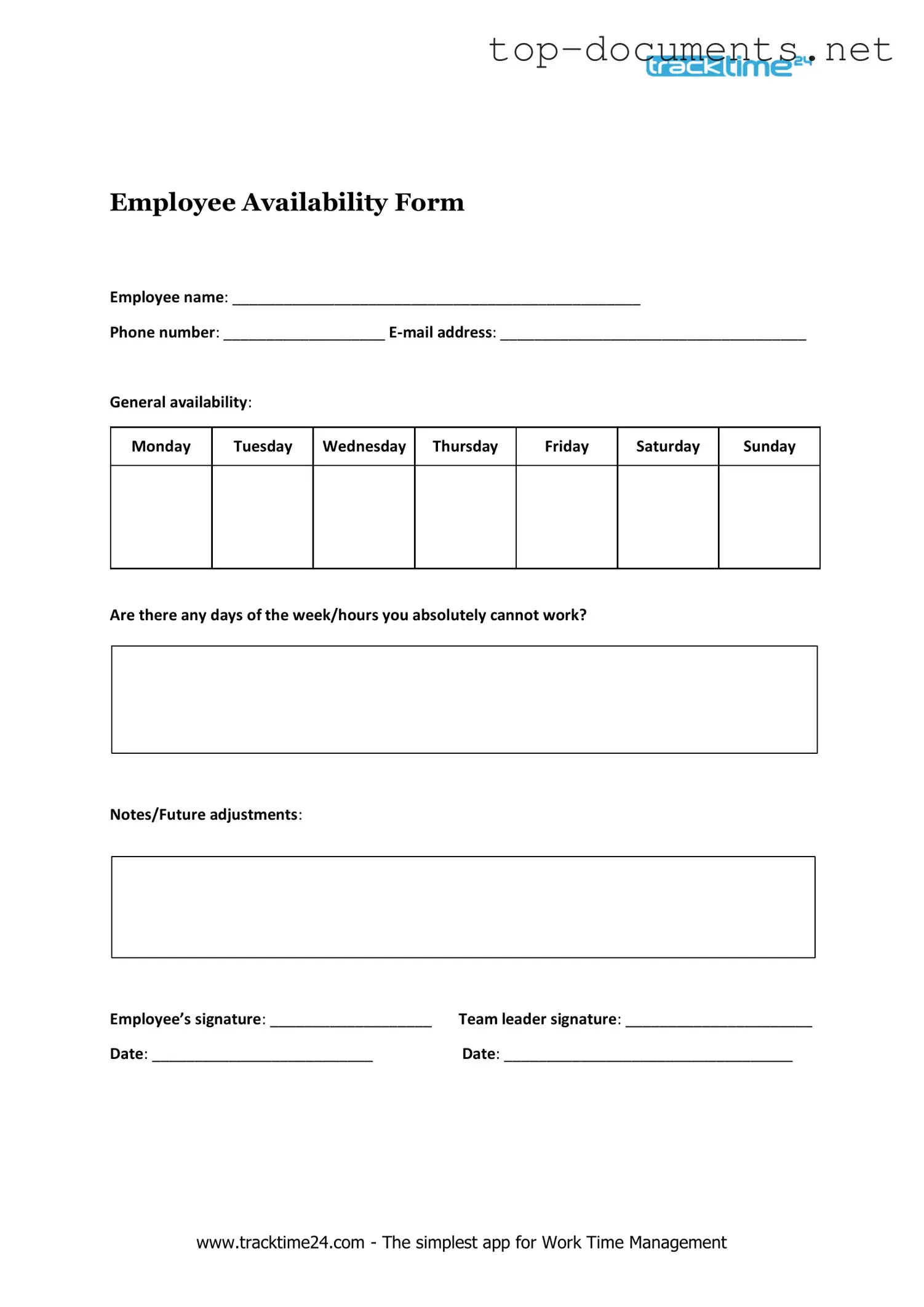 Free Employee Availability PDF Form