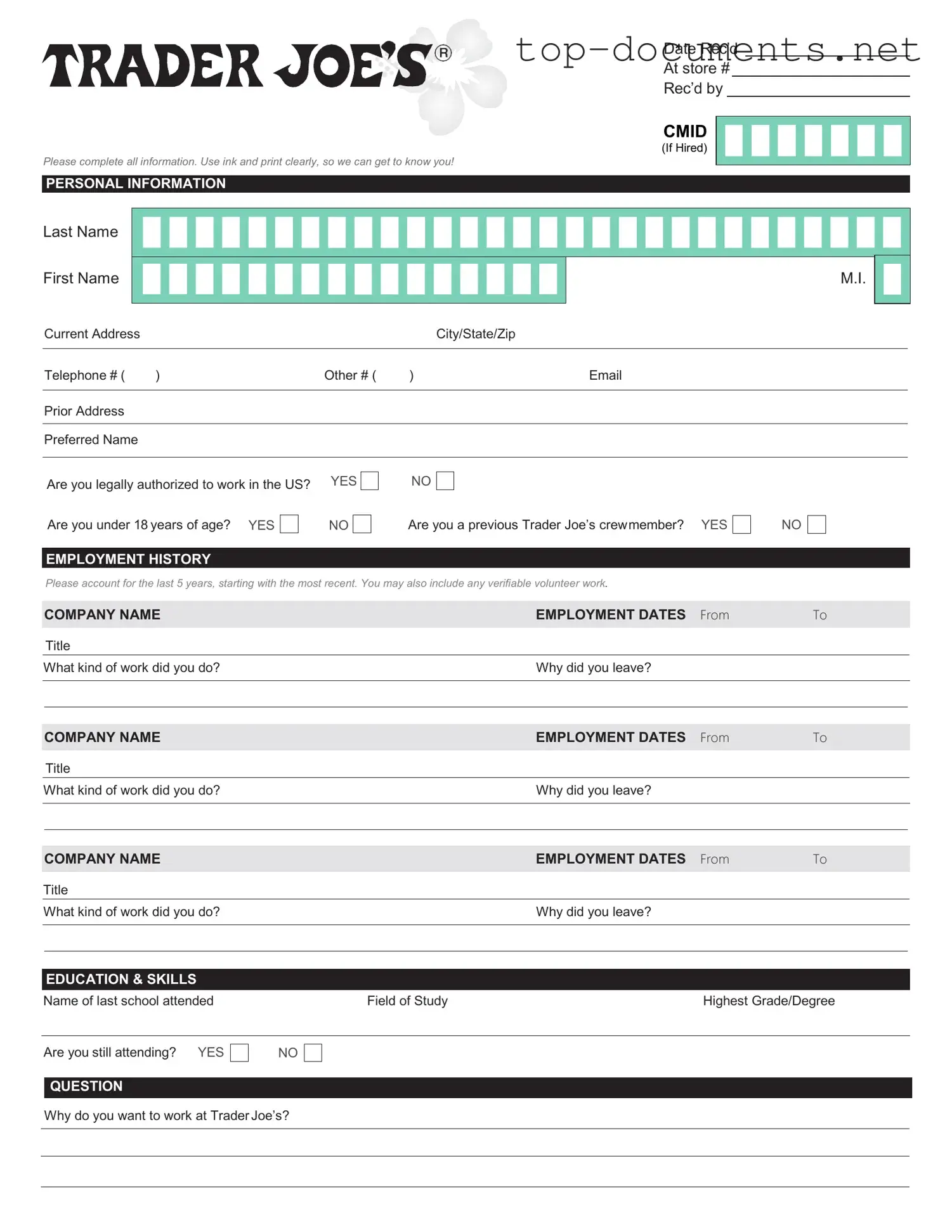 Free Trader Joe's application PDF Form