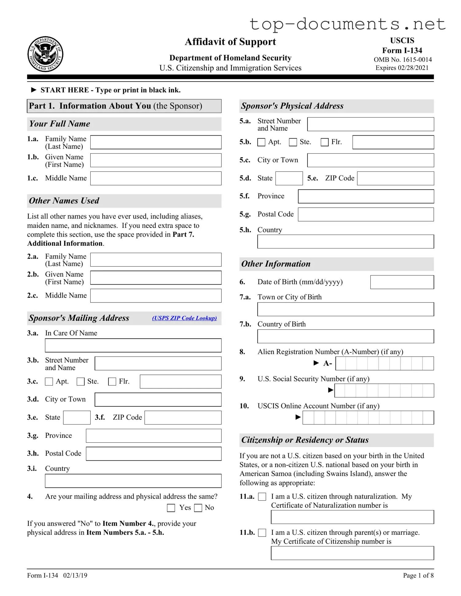 Free USCIS I-134 PDF Form