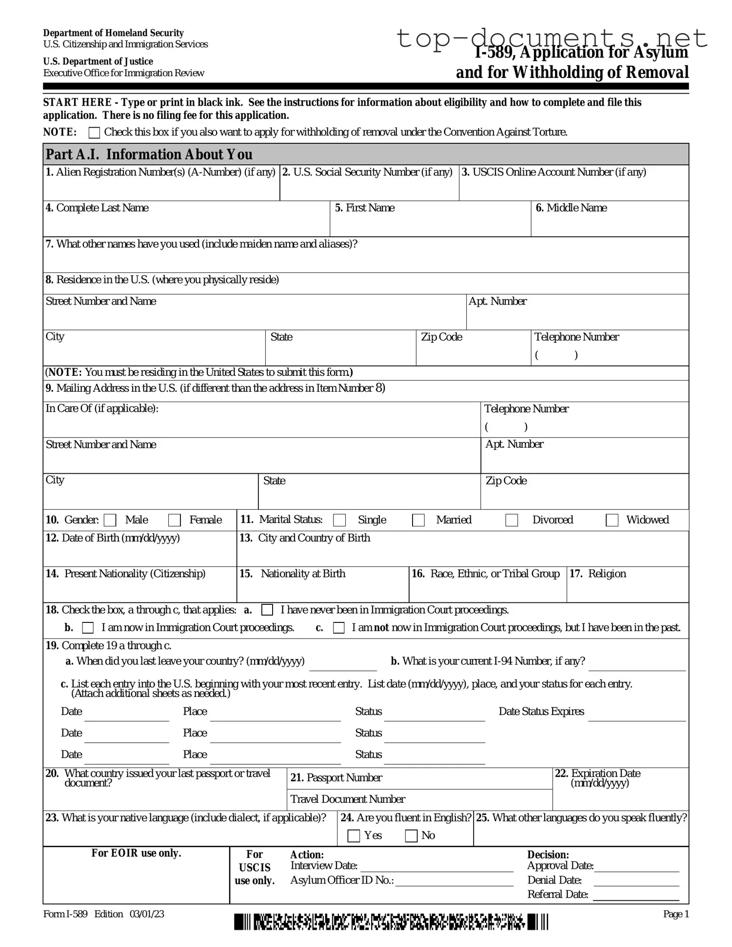 Free USCIS I-589 PDF Form
