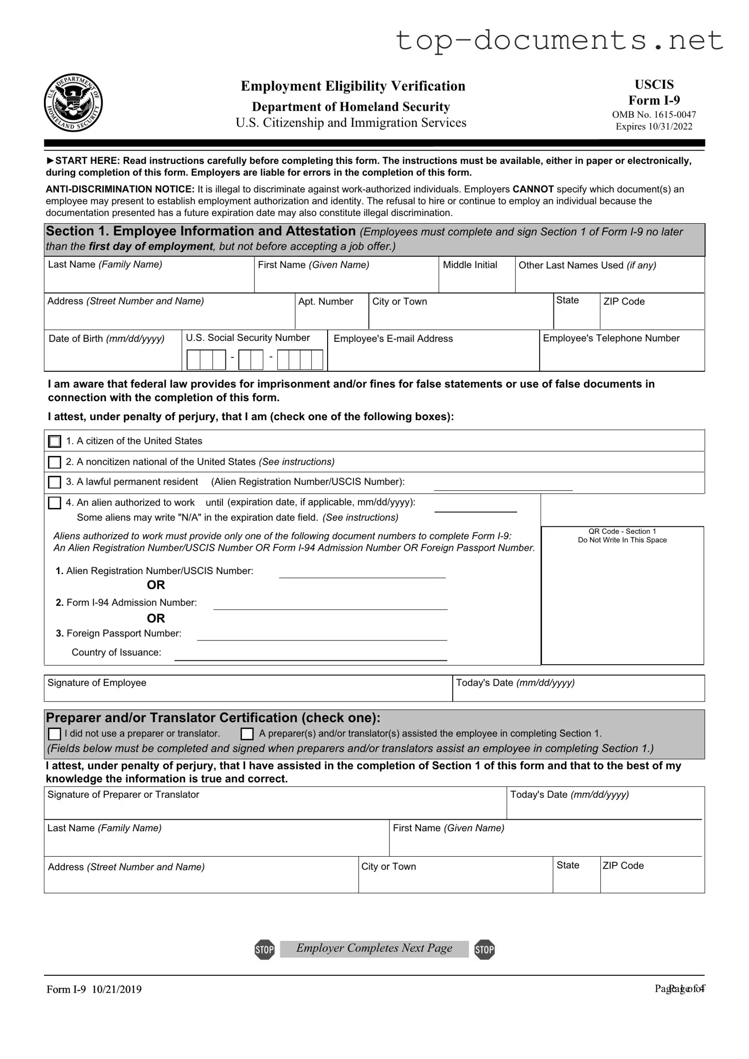 Free USCIS I-9 PDF Form