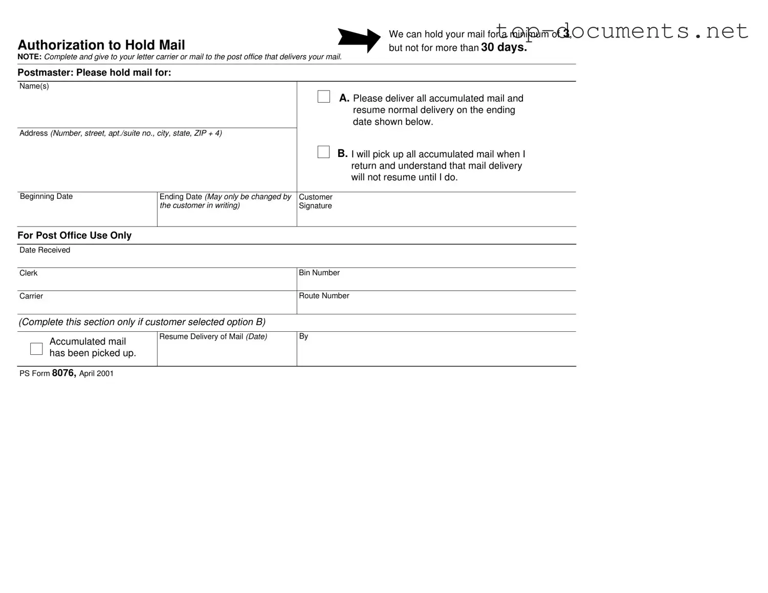 Free Usps Hold Mail Request PDF Form