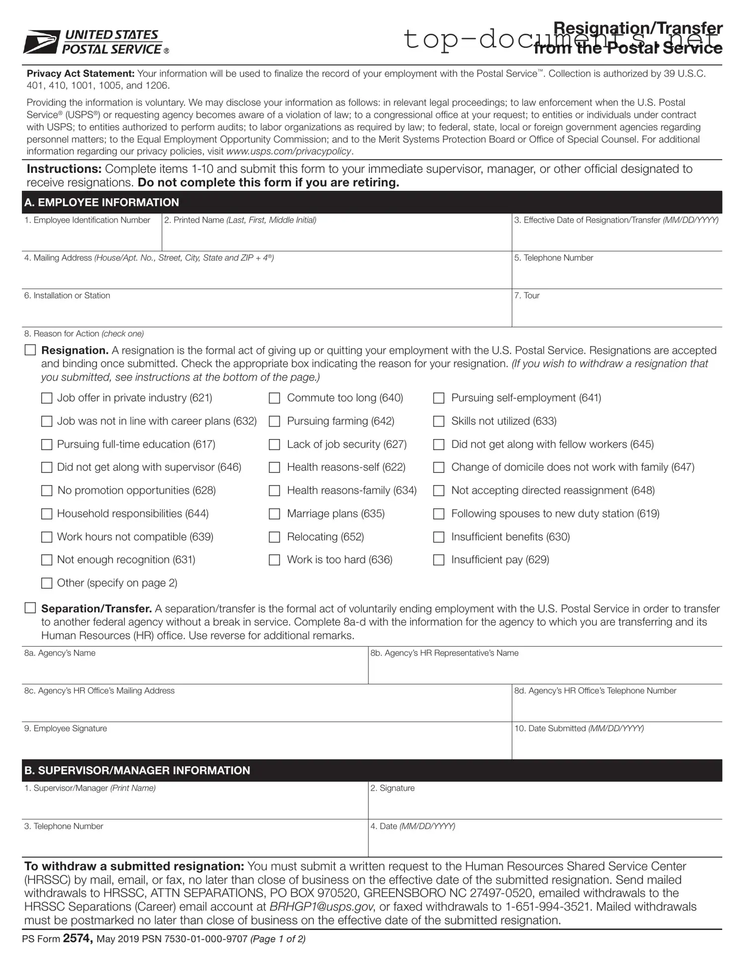 Free Usps Resignation PDF Form