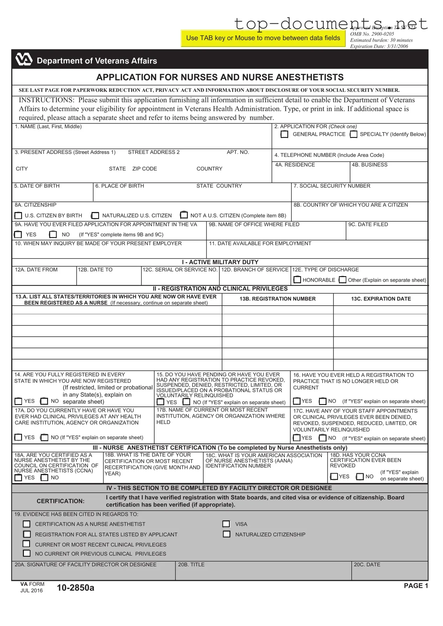 Free VA 10-2850a PDF Form