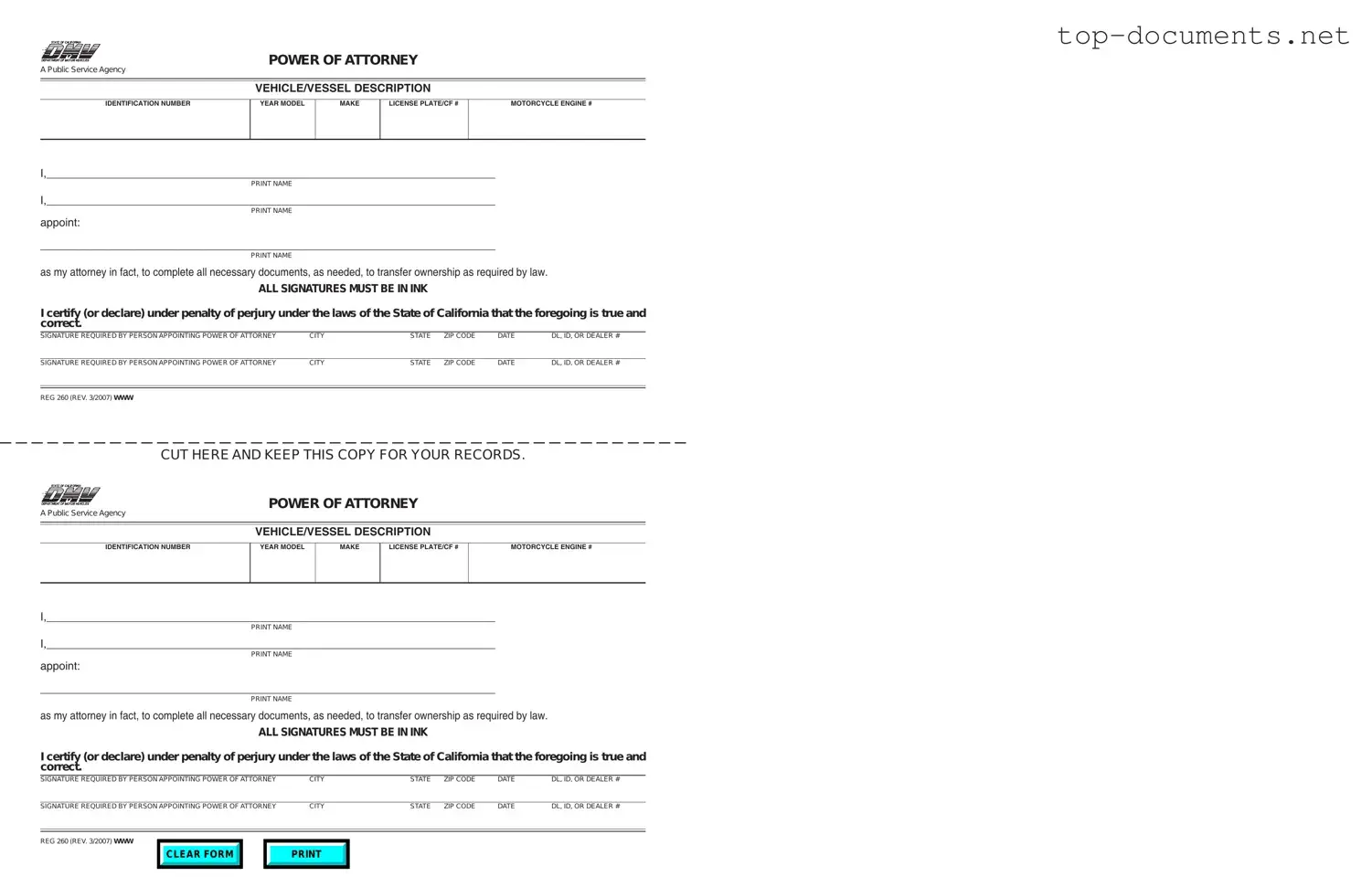 Free Vehicle POA REG 260 PDF Form