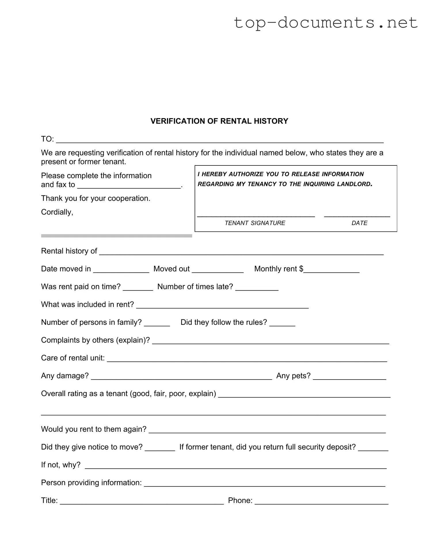 Free Verification Rental PDF Form