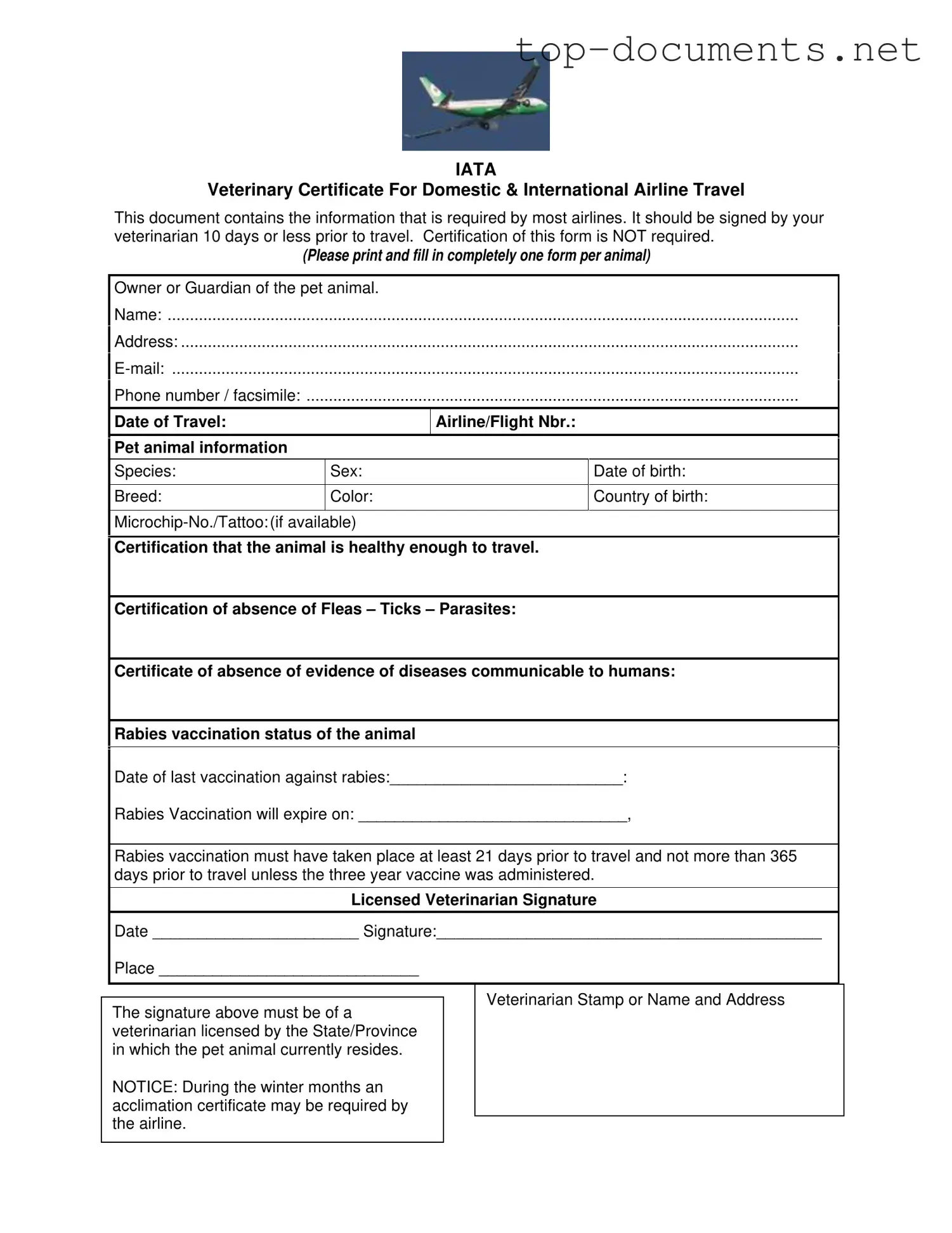 Free Veterinary Certificate Travel PDF Form