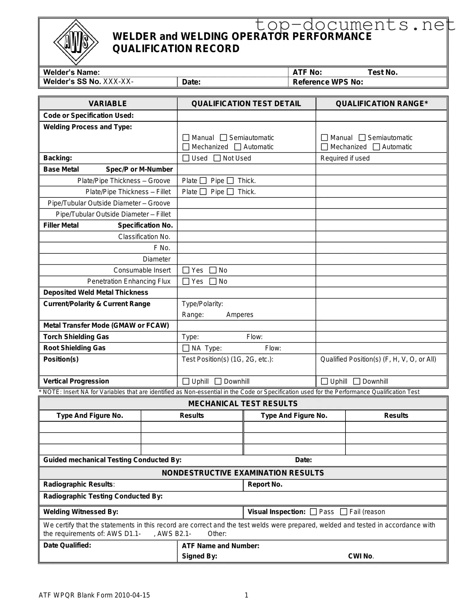 Free Welder Performance Qualification Record PDF Form